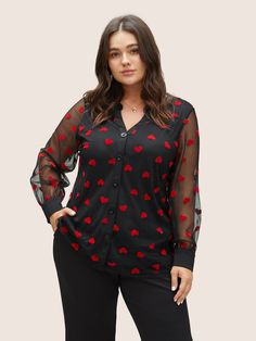 Heart Mesh Patchwork V Neck Blouse Womens Trendy Tops, V Neck Blouse, Sleeve Detail, Spring Colors, Trendy Tops, Black Pattern, Heart Print, Your Style, Types Of Sleeves