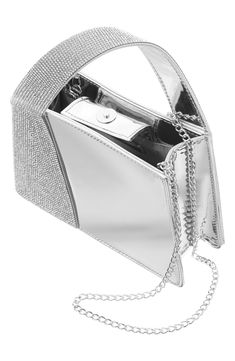 Shimmering rhinestones and a lustrous metallic contrast lend visual intrigue to a glam bag that will complement your party-ready wardrobe. Magnetic-snap closure Top carry handle; removable chain strap Interior wall pocket Structured silhouette with flat base for stability Lined Synthetic Imported Evening Shoulder Bag With Silver-tone Hardware And Top Handle, Formal Silver Shoulder Bag With Top Handle, Modern Silver Evening Shoulder Bag, Evening Box Bag With Silver-tone Hardware And Top Handle, Evening Box Bag With Silver-tone Hardware, Silver Shoulder Bag For Party With Silver-tone Hardware, Silver Shoulder Bag With Detachable Strap For Evening, Top Handle Box Bag With Silver-tone Hardware For Evening, Party Shoulder Bag With Detachable Strap In Silver