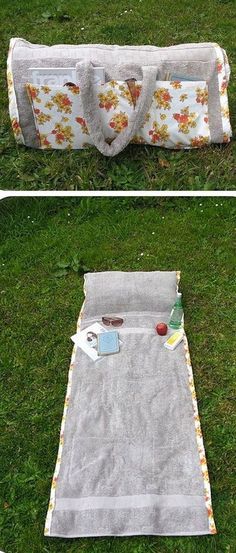 two pictures of a picnic blanket on the grass, one with an oven mitt in it