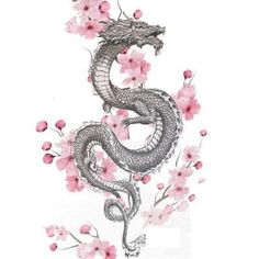 a drawing of a snake and flowers on a white background with the word dragon written below it