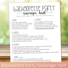 the bachelor party scavenger hunt is on display in front of a wooden table