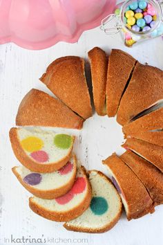 a cake that has been sliced into slices