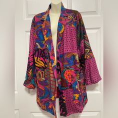 Beautiful Shepherds Pura Seta Silk Jacket Blazer Floral Size Medium Brand New Missing Tag So Beautiful Pink Patchwork Cardigan For Spring, Fitted Multicolor Blazer With Pockets, Bohemian Pink Outerwear With Pockets, Pink Bohemian Outerwear With Pockets, Bohemian Multicolor Outerwear With Pockets, Multicolor Long Sleeve Outerwear For Spring, Long Sleeve Pink Floral Print Cardigan, Pink Floral Print Long Sleeve Cardigan, Colorful Bohemian Outerwear For Spring