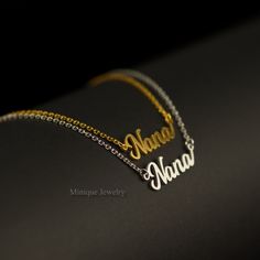 "Material: Solid Sterling Silver (925). This elegant and high-end Nana necklace with a high-polished finish comes in Silver or 18K Gold Plated.  Please pick the finishing, 18K Gold or Rhodium Plating. Dimensions:  Height: Capital letters 8 mm, lowercase letters 3 mm.  Width changes depending on the number of letters in your name. * Finish: 18K Gold Plated or Rhodium-plated Sterling Silver.  * All our personalized jewelry is custom-made by hand in our workshop. How to order: * The length option i Classic Gold Necklace For Mom's Gift, Elegant Silver Custom Necklace For Mom, Classic Gold Necklace For Mom, Elegant Gold Custom Necklace As Gift For Mom, Elegant Gold Custom Necklace For Mom, Classic Necklace For Mother's Day Gift, Elegant Gold Necklace For Mom, Elegant Nameplate Charm Necklace For Mom, Nana Necklace