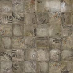 an artistic tile design with leaves and birds in greys, browns and browns