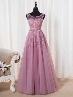 The gorgeous Elegant Crew Tulle A-line Evening Dress with Lace Appliques Floor-Length Formal Dresses will stun every girl. The Lace  dress will add extra elegance to your wholesale look. Prom Dresses A Line, Dresses A Line, Modest Prom, A Line Evening Dress, Tulle Evening Dress, Floor Length Prom Dresses, Beaded Tulle, Prom Dresses Modest, Pink Prom