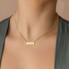 Personalize this bar necklace with any names or words that are special to you in the perfect engraved style. This chic and statement curb chain makes a lasting gift for you or someone special. Material: High Quality Solid 925 Sterling Silver Finish: Sterling Silver ∙ 18K Gold ∙ Rose Gold Dimensions: ~22mm X 7mm (depending on your design) SKU: MM-NM116NIF33 Minimalist Gold Nameplate Bar Necklace, Everyday Rectangular Necklace With Engraved Text, Everyday Rectangular Necklaces With Engraved Text, Minimalist Nameplate Necklace, Everyday Rectangular Engraved Text Necklace, Elegant Everyday Nameplate Charm Necklaces, Everyday Elegant Nameplate Charm Necklaces, Elegant Rectangular Name Necklace, Minimalist Engraved Bar Necklace