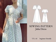 a woman wearing a white dress standing next to a wooden wall with the words sewing pattern julia