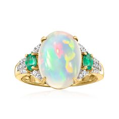 Ross-Simons - Ethiopian Opal Ring, .30ct t. w. Emeralds, .17ct t. w. Diamonds. Size 5. Our ornate ring presents a beautiful 14x10mm oval Ethiopian opal cabochon inside a shimmering halo of .17 ct. t. w. round brilliant-cut diamonds, further decorated with .30 ct. t. w. oval emeralds. Crafted in 14kt yellow gold. 1/2" wide. Opal ring. Emerald birthstones are the perfect gift for May birthdays. Ornate Ring, Emerald Birthstone, Ethiopian Opal Ring, Ring Emerald, Fine Jewelery, Yellow Gold Jewelry, Opal Ring, Jewellery Designs, Emerald Diamond