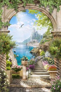 an archway leading to the ocean with flowers and plants growing on either side of it