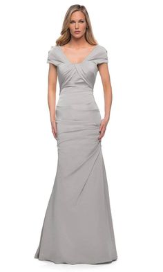 La Femme - Short Sleeve Weave Style Evening Dress 29805SC - 1 pc Silver In Size 4 Available CCSALE 4 / Silver Occasionwear Dresses, Trumpet Evening Dress, Dress Display, Mother Of Groom Dresses, Embellished Gown, Evening Dress Fashion, Skirt Short, Feather Dress, A Line Gown