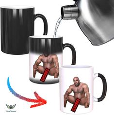 two coffee mugs with the image of a wrestler being poured into one and another