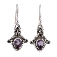 Over one carat of teardrop amethyst stones sparkle with purple hues in this pair of dangle earrings featuring dot motifs handcrafted of sterling silver with a combination of finishes. Parul works with local Indian artisans to present this delightful pair of earrings. Purple Gemstone Teardrop Earrings, Classic Teardrop Purple Earrings, Purple Sterling Silver Teardrop Dangle Earrings, Purple Sterling Silver Teardrop Earrings, Purple Amethyst Drop Teardrop Earrings, Purple Amethyst Teardrop Earrings, Purple Gemstone Teardrop Dangle Earrings, Amethyst Gemstone Teardrop Dangle Earrings, Purple Teardrop Gemstone Earrings