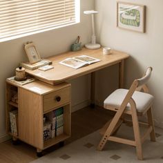 a wooden desk with a chair next to it