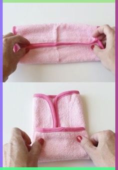 someone is making a towel holder out of pink material and then using scissors to cut it