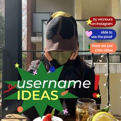 a person sitting at a table with food and drinks in front of them that reads username ideas