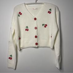 Nwot Cherry Embroidered Cardigan, No Flaws, Size M. Sleeves-22” Chest-21 1/2” Length-16” Casual Winter Cardigan With Floral Embroidery, Casual Long Sleeve Cardigan With Floral Embroidery, Winter Embroidered Button-up Tops, V-neck Winter Top With Floral Embroidery, Casual White Embroidered Cardigan, Floral Embroidered V-neck Top For Winter, Casual V-neck Sweater With Floral Embroidery, Cute Long Sleeve Embroidered Cardigan, Winter V-neck Cardigan With Floral Embroidery