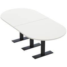 an oval conference table with two black legs and a white top, viewed from the front