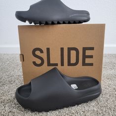 Brand New With Tag Yeezy Slides. Size: 8 Adults Color: Onyx Original Slides. Never Worn, Box Included. Adidas Slides With Rubber Sole For Streetwear, Adidas Casual Slides For Streetwear, Outfits With Yeezy Slides, Outfits With Yeezy, Baggy Sweats, Guys Fashion Swag, Adidas Shoes Yeezy, Shoes Yeezy, Pretty Sneakers