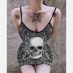 This Black Grey Gothic Skull Ornament Printed Body Dress is a must-have product for you. This Hot Sleeveless Minidress For Women features an ornate skull pattern, perfect to show off your autumn/winter look. Also, it’s the best gift for your wife, girlfriend or your friends. It is made of high-quality fabric that feels great on your skin and makes it comfortable! Please check out our size chart carefully Material: 97% Polyester, 3% SpandexPackage Include: 1 x dressNote: There might be 2-3% diffe Edgy Fitted Skull Print Dress, Black Edgy Dress With Skull Print, Edgy Black Dress With Skull Print, Fitted Gothic Dress With Skull Print, Sleeveless Skull Print Party Dress, Punk Skull Print Dresses For Halloween, Black Punk Dress With Skull Print, Punk Style Skull Print Dress For Halloween, Punk Black Dress With Skull Print