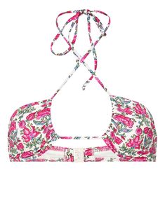 white/multicolour stretch-design all-over floral print halterneck clasp fastening rear tie fastening Be mindful to try on swimwear over your own garments. Floral Print Halter Top For Poolside, Floral Print Halter Neck Top For Poolside, White Floral Print Halter Top For Vacation, White Floral Print Halter Top, White Halter Top With Adjustable Straps, White Printed Halter Neck Top, Versace Outfit, Be Mindful, Saint Barth