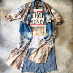 Upcycled Stitches, Shabby Chic Couture Designer Visvim/Bpro Kimono Handcrafted Boro Patchwork "Time Is Money" Ivana Ruzzo Designer Denim Hippie Kimono From "Right Amount Of Wrong" Upcycled Art To Wear Collection. Over-Loved, Women's Upcycled Clothing Denim Embroidered, Embellished, Sustainable Artisan, Eco-Friendly, Environmentally Friendly Distressed Fabrics. Recycled Cotton, Flannel, Denim Concept Upcycled Handmade, One Of A Kind Kimono One Size Fits Most Pit To Pit 26' Length 53 "Art To Wear" Upcycle Jean Jacket, Boro Patchwork, Bedazzled Jeans, Recycled Kimono, Upcycled Jackets, Patchwork Kimono, Unusual Clothes, Upcycled Textiles, Upcycled Clothes