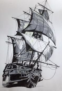 a black and white drawing of a sailing ship