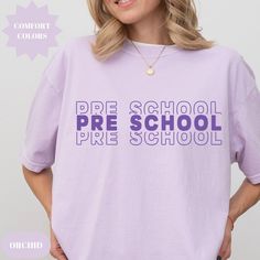 A Comfort Colors unisex "Pre-K Teacher" garment-dyed t-shirt made 100% with ring-spun cotton. Cute and trendy Pre-K Squad shirt for the ultimate comfort. For an Oversized Look order 1 to 2 sizes larger than your normal size. 🌟100% ring-spun cotton 🌟Heavy fabric (6.1 oz/yd² (206.8 g/m 🌟Relaxed fit RETURNS: All products are made-to-order and because of the nature of these items, all sales are final unless they arrive damaged or defective. CARE INSTRUCTIONS Turn Inside Out. Machine wash: cold (m Purple Crew Neck T-shirt For School Spirit, Purple Short Sleeve T-shirt For School Spirit, School Spirit Tops With Screen Print, School Spirit Screen Print Tops, Sporty School Tops With Screen Print, Screen Print Tops For College, Sporty Screen Print Tops For School, Cotton Short Sleeve Tops For School Events, Crew Neck Cotton Tops For School Events