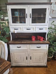 RUSTIC CANYON HUTCH AND BUFFET W/ WHITE DISTRESSED STAIN | The Rustic Mile Modern Farmhouse Hutch, White Farmhouse Table, White Hutch, Farmhouse Hutch, Painted Hutch, Repainting Furniture, Hutch Makeover, Outdoor Mattress, Farmhouse Sideboard