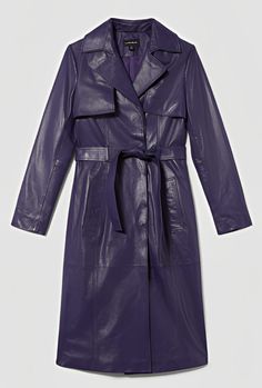 Women's Leather Trench Coat In Purple Outer Shell: Real Leather Leather Type: Sheepskin Leather Finish: Semi-aniline Feature: Belted Waist Closure Style: Wrap Belted Collar Style: Notch Cuffs Style: Open Hem Inside Pockets: One Outside Pockets: Two Side Pocket Color: Royal Blue Winter Purple Business Outerwear, Purple Winter Business Outerwear, Purple Business Outerwear For Winter, Business Fall Purple Outerwear, Purple Business Outerwear For Fall, Purple Trench Coat, Leather Trench Coat Woman, Leather Shorts Women, Short Leather Skirts