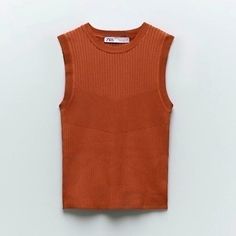 Ribbed Sleeveless Knit Top With Round Neck And Little Knit Detail At Front . Nwt Color: Rust Stretchy All Sales Are Final! No Returns! Sleeveless Ribbed Knit Top, Brown Knit Tank Top For Fall, Sleeveless Brown Sweater Vest For Summer, Trendy Sleeveless Orange Tops, Trendy Orange Sleeveless Top, Chic Sleeveless Orange Top, Chic Orange Sleeveless Top, Brown Ribbed Sleeveless Tank Top, Chic Brown Knit Tank Top