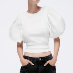 Nwt Balloon Sleeve Open Back With Tie Ribbed Front Material White Stretch Puff Sleeve Top For Spring, White Stretch Puff Sleeve Top Casual Style, White Casual Stretch Puff Sleeve Top, Casual White Stretch Puff Sleeve Top, White Stretch Puff Sleeve Top, White Zara Puff Sleeve Top, Zara Cotton Puff Sleeve Tops, Elegant Zara Button-up Top, White Zara Blouse With Button Closure