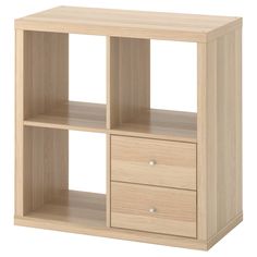 a wooden shelf with two drawers on one side and an open drawer on the other