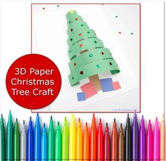 3d paper christmas tree craft with colored crayons in the foreground and an image of