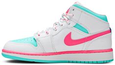 The Air Jordan 1 Mid GS ??Digital Pink?? is the youth sizing of Michael Jordan’s first signature shoe in a bright and vibrant colorway. Appearing on the Jordan 1 Mid . the upper displays smooth white leather on the forefoot . mid-panel . collar . and heel. Eye-pleasing Aurora Green leather can be found on the shoe’s perforated toe and underneath the collar overlay. A hue of pink leather called Digital Pink appears on the Swoosh branding on either side. Additional design elements include white sp Air Jordan 1 Mid Digital Pink, Air Jordan 1 Chicago, Jordan 1 Blue, Air Jordan 1 Mid Gs, Shoes Diy, Jordan 1 High Og, Air Jordan Sneakers, Air Jordan 1 High, Air Jordan 1 Low