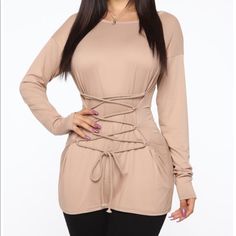 Long Sleeve Tunic Tan Stretchy Tied Up Shirt Chic Long Sleeve Tops With Drawstring, Long Sleeve Tops With Drawstring For Day Out, Chic Drawstring Top For Fall, Spring Drawstring Top For Night Out, Tie Up Shirt, Nova Fashion, Janet Guzman, Fashion Nova Outfits, Long Red Dress