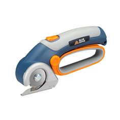 a blue and white stapler with an orange handle