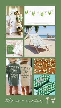 the collage shows different items in green and white, including an image of a beach chair