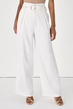 From the conference room to dinner with besties, strut your stuff in the Lulus Confident Vibes White Belted Wide-Leg Trouser Pants! Theses chic pants have a woven fabric construction that shapes a high-waisted fit, top clasp and hidden zip-fly, and a matching detachable belt (with round, shiny gold buckle). Relaxed, wide-cut pants, with light seaming from the waist, feature diagonal pockets before ending at ankle-length hems. Fit: This garment fits true to size. Length: Floor length. Size medium Elegant Wide Leg Bottoms For Brunch, Elegant Slim Fit Pants For Brunch, Elegant High Waist Pants For Brunch, Chic High-waisted Pants For Brunch, White Wide-leg Pants For Office, Chic Trousers For Brunch, Chic Ankle-length Pants For Brunch, White Wide-leg Pants For Business Casual, White Wide Leg Pants For Brunch