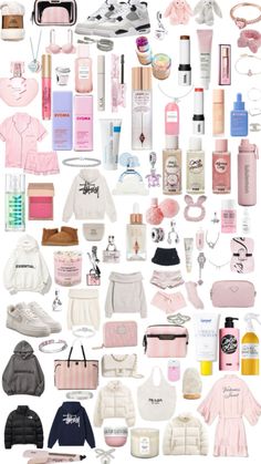 a collage of pink and white items