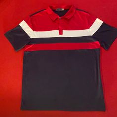 Brand New Black Color Block Polo Collar Top, Summer Color Block Polo Collar Shirt, Fitted Navy Color Block Tops, Navy Color Block Collared Top, Navy Collared Color Block Top, Red Collared Color Block Top, Fitted Blue Color Block Shirt, Casual Red Color Block Shirt, Red Collared Sporty Shirt