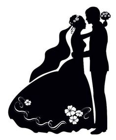 a bride and groom are silhouetted against the backdrop of their wedding dress, which is adorned with flowers