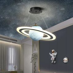 an image of a bedroom setting with stars on the ceiling and moon in the sky