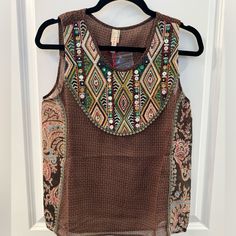 Beaded Boho Design Tank Top Nwt Size S Bohemian Embroidered Sleeveless Top For Festivals, Brown Embroidered Festival Top, Embroidered Brown Tops For Festival, Brown Sleeveless Bohemian Top, Beige Bohemian Sleeveless Blouse, Casual Brown Tank Top For Festival, Multicolor Beaded Tops For Festival, Summer Embellished Beige Blouse, Bohemian Sleeveless Embroidered Top For Beach