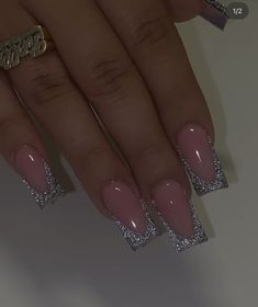 French Nails Aesthetic, Glitter French Tips, Nagel Tips, Short Square Nails, Fake Nails With Glue, Color Nails, Nail Length, Diamond Nails