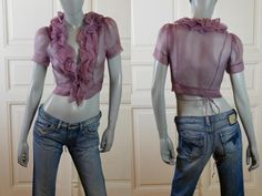 Lilac Sheer Ruffle Crop Top, 1990s European Vintage Short-Sleeve Light Purple Bolero: Size 6 US, 10 UK by YouLookAmazing on Etsy Lilac Crop Top, Disco Jumpsuit, Disco Dress, Ruffle Crop Top, Vintage Crop Tops, Folk Dresses, Vintage Short, Vintage Clothing Online, Green Coat