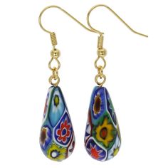 Dainty, colorful, and stylish, these Millefiori earrings demonstrate Murano artisans' incredible talent and fantasy. The beautiful delicate multicolor beads with a variety of Millefiori designs present the most famous Murano glass technique in a fun and contemporary way. Measurements: Each bead measures 1 inch in length, the diameter at the bottom is about 3/8 inch. Ear hooks are made of 18K gold-plated surgical steel. All other non-glass parts are 18K gold-plated. The earrings come with an attr Multicolor Elegant Dangle Earrings, Elegant Multicolor Beaded Dangle Earrings, Elegant Multicolor Dangle Earrings, Elegant Adjustable Multicolor Flower Earrings, Elegant Multicolor Beaded Earrings For Pierced Ears, Elegant Multicolor Beaded Earrings For Gifts, Multicolor Teardrop Flower Earrings As Gift, Artistic Multicolor Dangle Earrings, Elegant Multicolor Murano Glass Jewelry