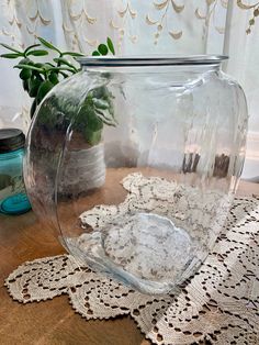 there is a glass vase on the table with lace doily around it and a potted plant