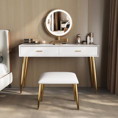 a white vanity table with a mirror and stool in front of it on top of a hard wood floor