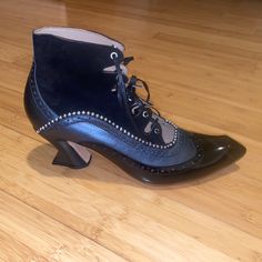 Very Unique, Handmade In Peru, Brand New In Box, John Fluevog Germaine Ankle Boots. Unworn. Black Laces. Velvet And Leather With Silver Bead Trim. John Fluevog Boots, John Fluevog Shoes, Fluevog Shoes, John Fluevog, Fabulous Shoes, Beaded Trim, Silver Bead, Black Laces, Silver Beads